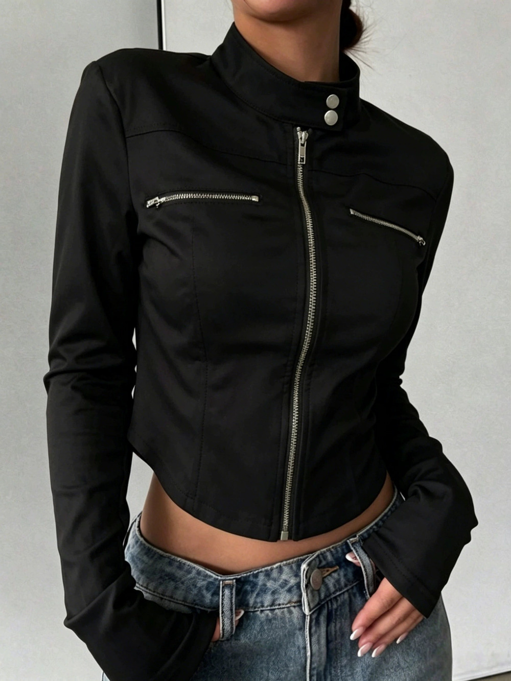Zara Black Asymmetric Zipper Cropped Stand Collar Sports Jacket Slim Fit